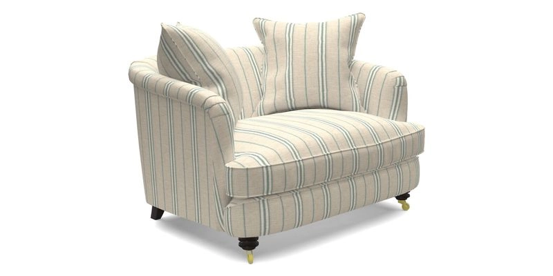 Helmsley Snuggler in V&A Threads of India Opulent Velvets Forest Creatures Hunter piping in Swiss Velvet Olive and scatter in Stockport Stripe Flame