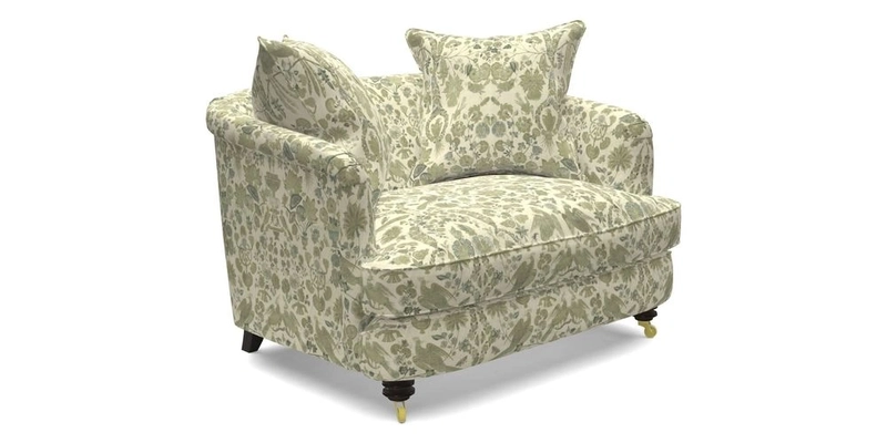 Helmsley Snuggler in V&A Threads of India Opulent Velvets Forest Creatures Hunter piping in Swiss Velvet Olive and scatter in Stockport Stripe Flame