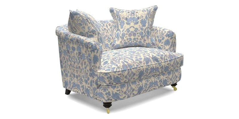 Helmsley Snuggler in V&A Threads of India Opulent Velvets Forest Creatures Hunter piping in Swiss Velvet Olive and scatter in Stockport Stripe Flame