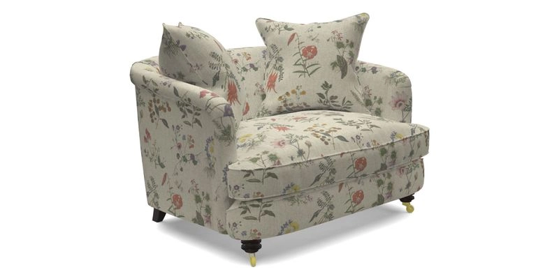 Helmsley Snuggler in V&A Threads of India Opulent Velvets Forest Creatures Hunter piping in Swiss Velvet Olive and scatter in Stockport Stripe Flame