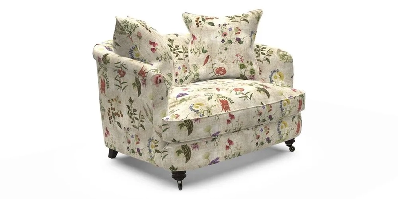 Helmsley Snuggler in V&A Threads of India Opulent Velvets Forest Creatures Hunter piping in Swiss Velvet Olive and scatter in Stockport Stripe Flame