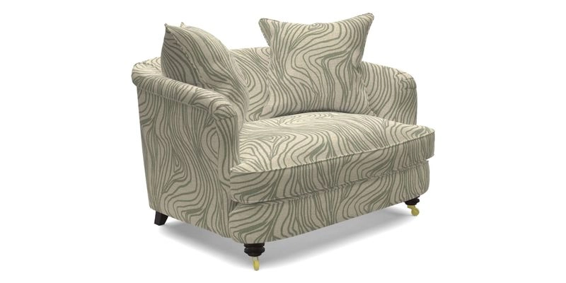 Helmsley Snuggler in V&A Threads of India Opulent Velvets Forest Creatures Hunter piping in Swiss Velvet Olive and scatter in Stockport Stripe Flame