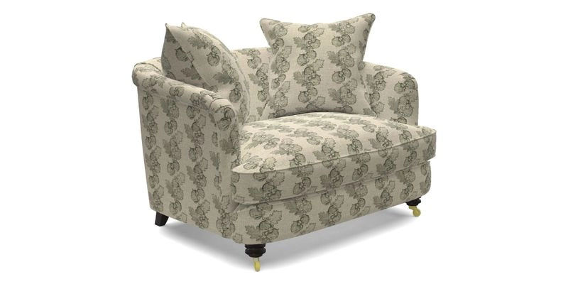 Helmsley Snuggler in V&A Threads of India Opulent Velvets Forest Creatures Hunter piping in Swiss Velvet Olive and scatter in Stockport Stripe Flame