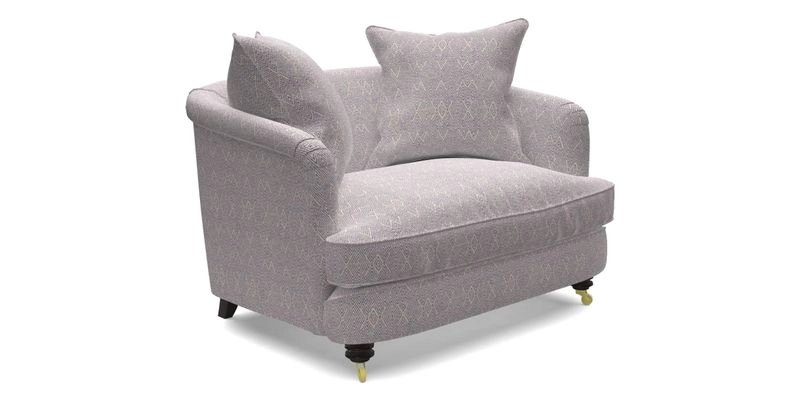 Helmsley Snuggler in V&A Threads of India Opulent Velvets Forest Creatures Hunter piping in Swiss Velvet Olive and scatter in Stockport Stripe Flame