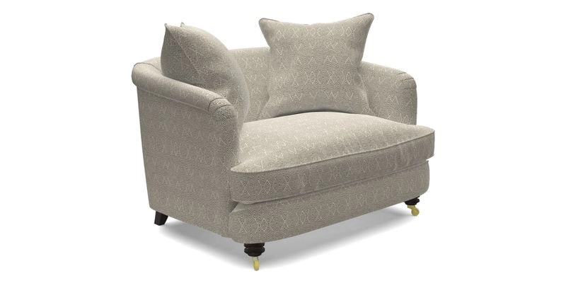 Helmsley Snuggler in V&A Threads of India Opulent Velvets Forest Creatures Hunter piping in Swiss Velvet Olive and scatter in Stockport Stripe Flame