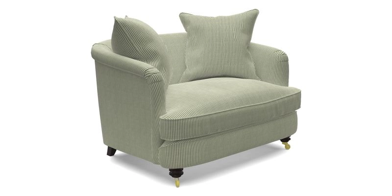 Helmsley Snuggler in V&A Threads of India Opulent Velvets Forest Creatures Hunter piping in Swiss Velvet Olive and scatter in Stockport Stripe Flame