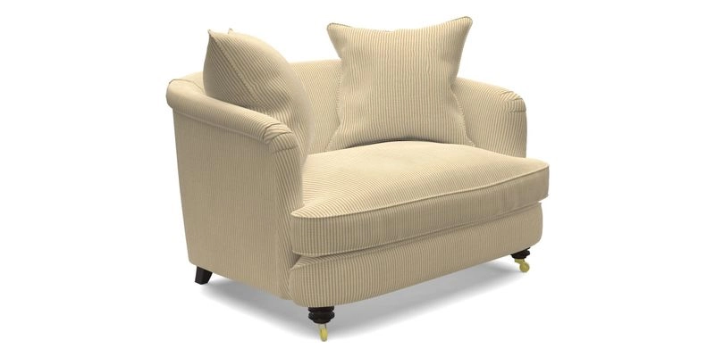 Helmsley Snuggler in V&A Threads of India Opulent Velvets Forest Creatures Hunter piping in Swiss Velvet Olive and scatter in Stockport Stripe Flame