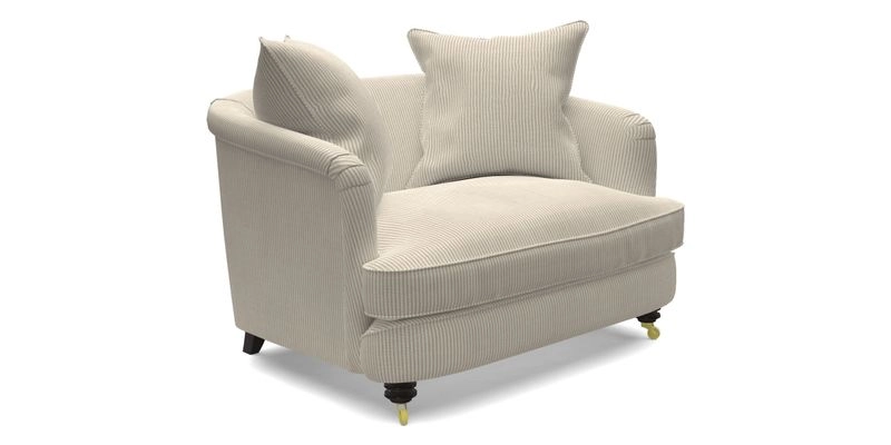 Helmsley Snuggler in V&A Threads of India Opulent Velvets Forest Creatures Hunter piping in Swiss Velvet Olive and scatter in Stockport Stripe Flame