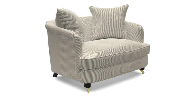 Helmsley Snuggler in V&A Threads of India Opulent Velvets Forest Creatures Hunter piping in Swiss Velvet Olive and scatter in Stockport Stripe Flame