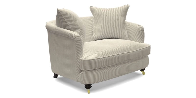 Helmsley Snuggler in V&A Threads of India Opulent Velvets Forest Creatures Hunter piping in Swiss Velvet Olive and scatter in Stockport Stripe Flame