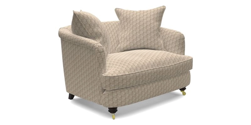 Helmsley Snuggler in V&A Threads of India Opulent Velvets Forest Creatures Hunter piping in Swiss Velvet Olive and scatter in Stockport Stripe Flame