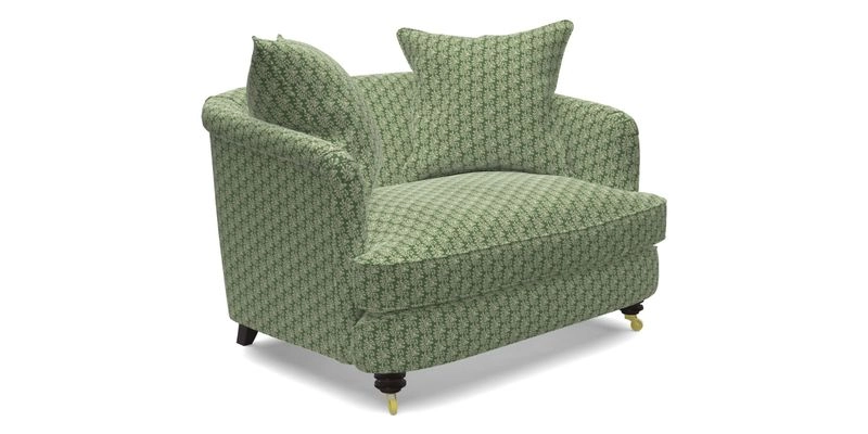 Helmsley Snuggler in V&A Threads of India Opulent Velvets Forest Creatures Hunter piping in Swiss Velvet Olive and scatter in Stockport Stripe Flame