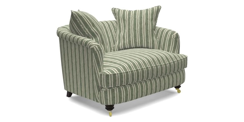 Helmsley Snuggler in V&A Threads of India Opulent Velvets Forest Creatures Hunter piping in Swiss Velvet Olive and scatter in Stockport Stripe Flame