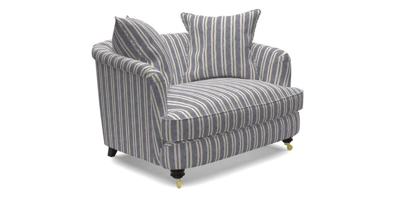 Helmsley Snuggler in V&A Threads of India Opulent Velvets Forest Creatures Hunter piping in Swiss Velvet Olive and scatter in Stockport Stripe Flame