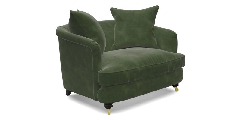 Helmsley Snuggler in V&A Threads of India Opulent Velvets Forest Creatures Hunter piping in Swiss Velvet Olive and scatter in Stockport Stripe Flame