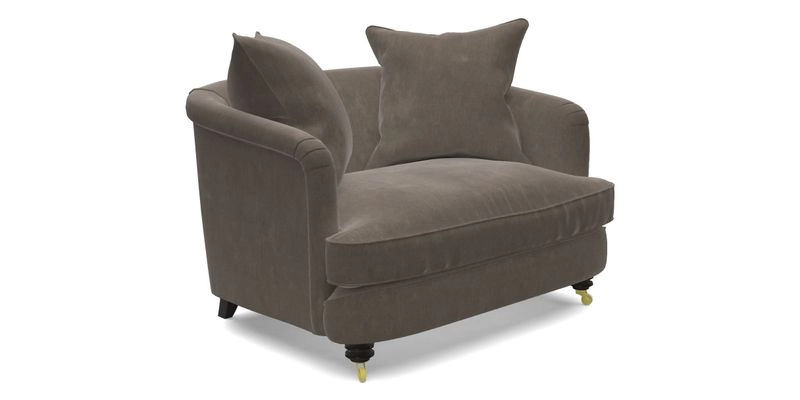 Helmsley Snuggler in V&A Threads of India Opulent Velvets Forest Creatures Hunter piping in Swiss Velvet Olive and scatter in Stockport Stripe Flame