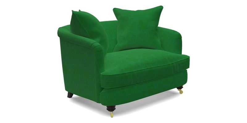 Helmsley Snuggler in V&A Threads of India Opulent Velvets Forest Creatures Hunter piping in Swiss Velvet Olive and scatter in Stockport Stripe Flame