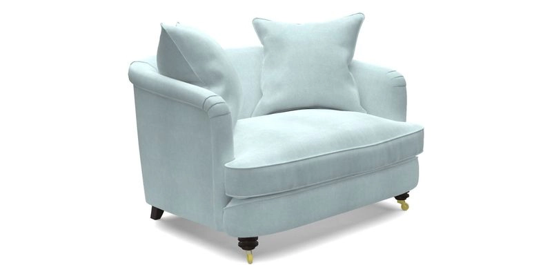 Helmsley Snuggler in V&A Threads of India Opulent Velvets Forest Creatures Hunter piping in Swiss Velvet Olive and scatter in Stockport Stripe Flame