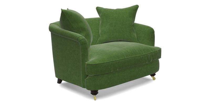 Helmsley Snuggler in V&A Threads of India Opulent Velvets Forest Creatures Hunter piping in Swiss Velvet Olive and scatter in Stockport Stripe Flame