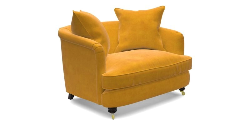 Helmsley Snuggler in V&A Threads of India Opulent Velvets Forest Creatures Hunter piping in Swiss Velvet Olive and scatter in Stockport Stripe Flame