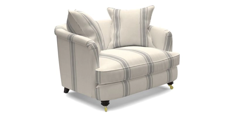 Helmsley Snuggler in V&A Threads of India Opulent Velvets Forest Creatures Hunter piping in Swiss Velvet Olive and scatter in Stockport Stripe Flame