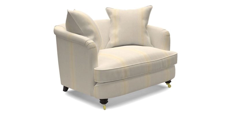 Helmsley Snuggler in V&A Threads of India Opulent Velvets Forest Creatures Hunter piping in Swiss Velvet Olive and scatter in Stockport Stripe Flame