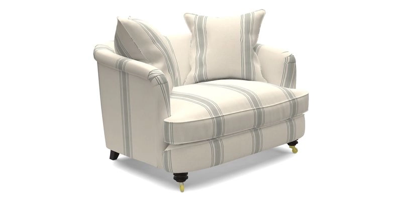 Helmsley Snuggler in V&A Threads of India Opulent Velvets Forest Creatures Hunter piping in Swiss Velvet Olive and scatter in Stockport Stripe Flame