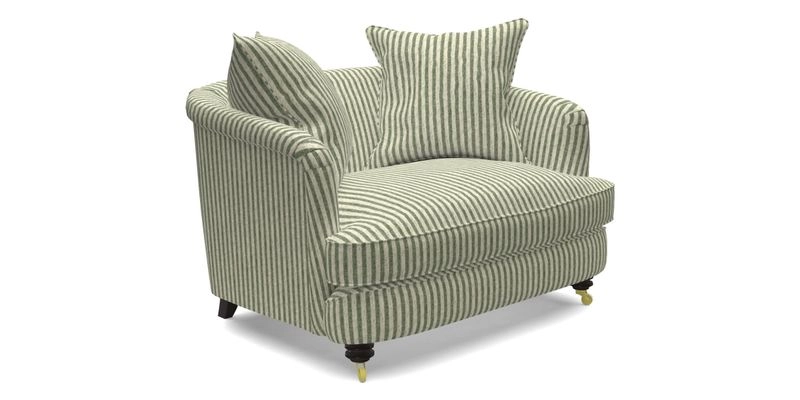 Helmsley Snuggler in V&A Threads of India Opulent Velvets Forest Creatures Hunter piping in Swiss Velvet Olive and scatter in Stockport Stripe Flame