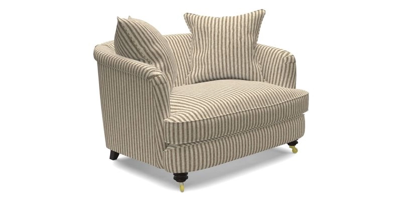 Helmsley Snuggler in V&A Threads of India Opulent Velvets Forest Creatures Hunter piping in Swiss Velvet Olive and scatter in Stockport Stripe Flame