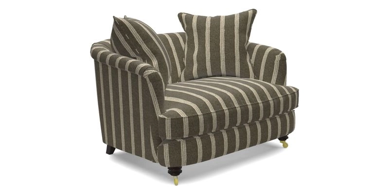 Helmsley Snuggler in V&A Threads of India Opulent Velvets Forest Creatures Hunter piping in Swiss Velvet Olive and scatter in Stockport Stripe Flame