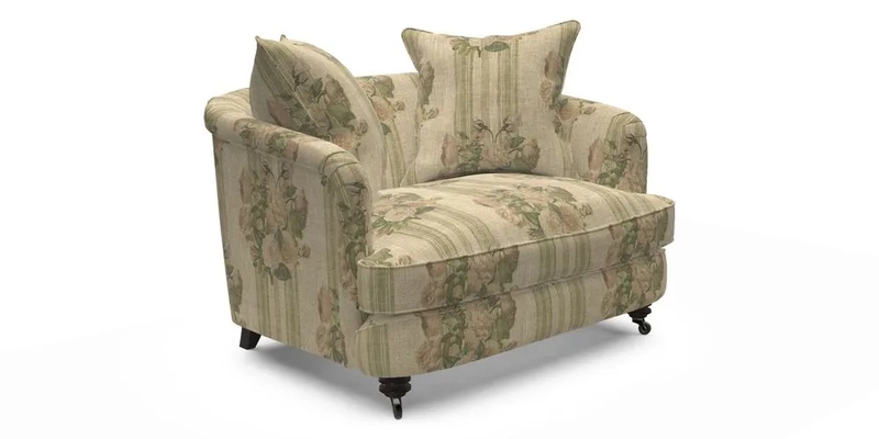 Helmsley Snuggler in V&A Threads of India Opulent Velvets Forest Creatures Hunter piping in Swiss Velvet Olive and scatter in Stockport Stripe Flame