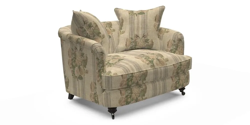 Helmsley Snuggler in V&A Threads of India Opulent Velvets Forest Creatures Hunter piping in Swiss Velvet Olive and scatter in Stockport Stripe Flame