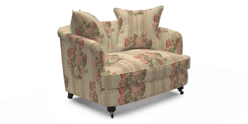 Helmsley Snuggler in V&A Threads of India Opulent Velvets Forest Creatures Hunter piping in Swiss Velvet Olive and scatter in Stockport Stripe Flame