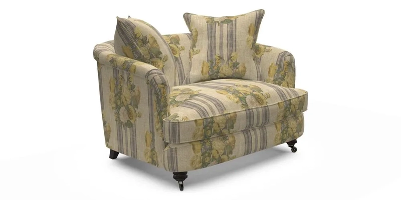 Helmsley Snuggler in V&A Threads of India Opulent Velvets Forest Creatures Hunter piping in Swiss Velvet Olive and scatter in Stockport Stripe Flame