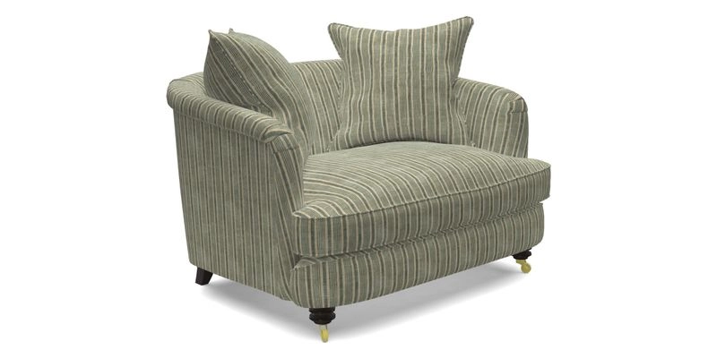 Helmsley Snuggler in V&A Threads of India Opulent Velvets Forest Creatures Hunter piping in Swiss Velvet Olive and scatter in Stockport Stripe Flame