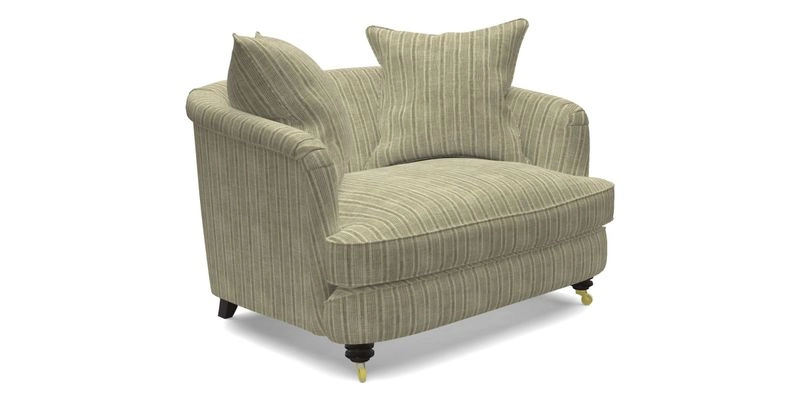 Helmsley Snuggler in V&A Threads of India Opulent Velvets Forest Creatures Hunter piping in Swiss Velvet Olive and scatter in Stockport Stripe Flame