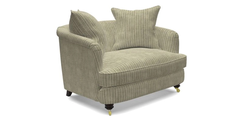 Helmsley Snuggler in V&A Threads of India Opulent Velvets Forest Creatures Hunter piping in Swiss Velvet Olive and scatter in Stockport Stripe Flame