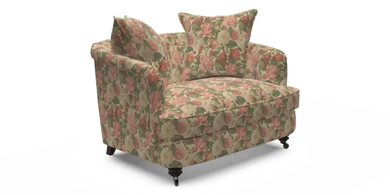 Helmsley Snuggler in V&A Threads of India Opulent Velvets Forest Creatures Hunter piping in Swiss Velvet Olive and scatter in Stockport Stripe Flame