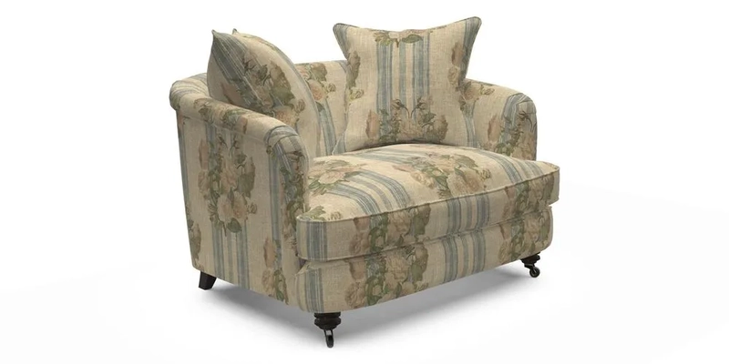 Helmsley Snuggler in V&A Threads of India Opulent Velvets Forest Creatures Hunter piping in Swiss Velvet Olive and scatter in Stockport Stripe Flame