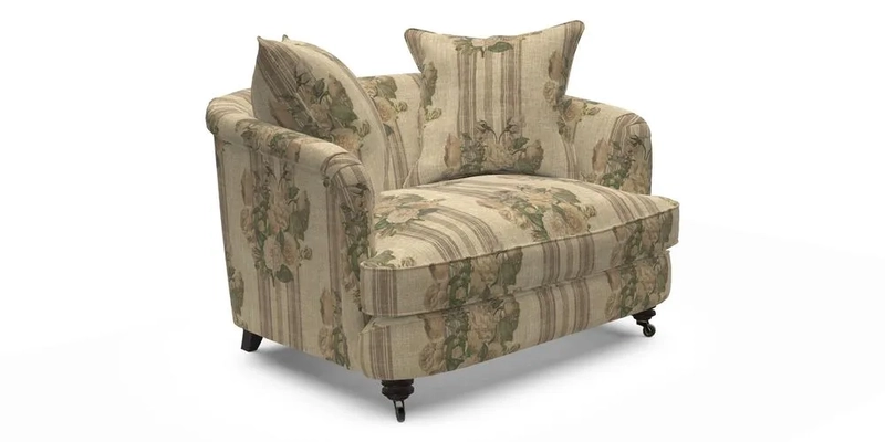 Helmsley Snuggler in V&A Threads of India Opulent Velvets Forest Creatures Hunter piping in Swiss Velvet Olive and scatter in Stockport Stripe Flame