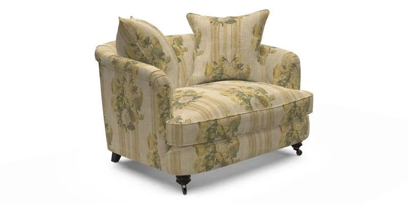 Helmsley Snuggler in V&A Threads of India Opulent Velvets Forest Creatures Hunter piping in Swiss Velvet Olive and scatter in Stockport Stripe Flame