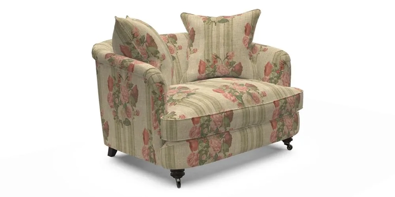 Helmsley Snuggler in V&A Threads of India Opulent Velvets Forest Creatures Hunter piping in Swiss Velvet Olive and scatter in Stockport Stripe Flame