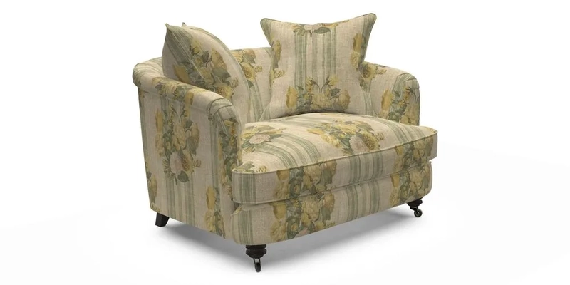 Helmsley Snuggler in V&A Threads of India Opulent Velvets Forest Creatures Hunter piping in Swiss Velvet Olive and scatter in Stockport Stripe Flame