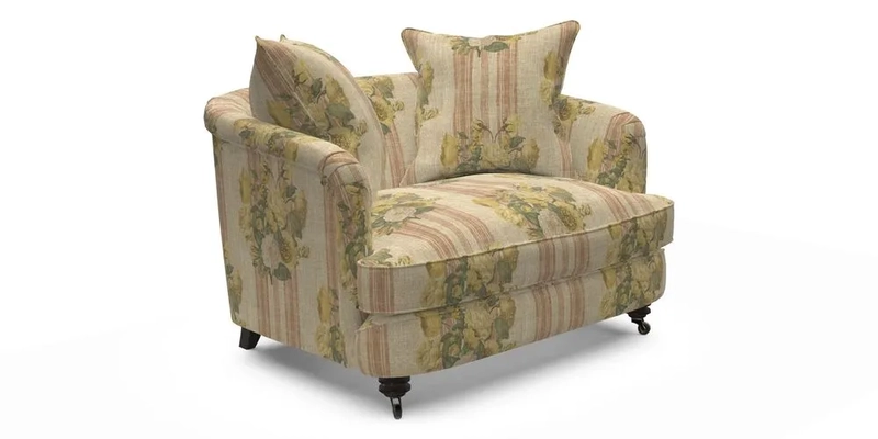 Helmsley Snuggler in V&A Threads of India Opulent Velvets Forest Creatures Hunter piping in Swiss Velvet Olive and scatter in Stockport Stripe Flame