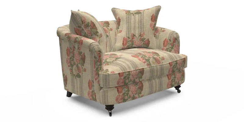 Helmsley Snuggler in V&A Threads of India Opulent Velvets Forest Creatures Hunter piping in Swiss Velvet Olive and scatter in Stockport Stripe Flame