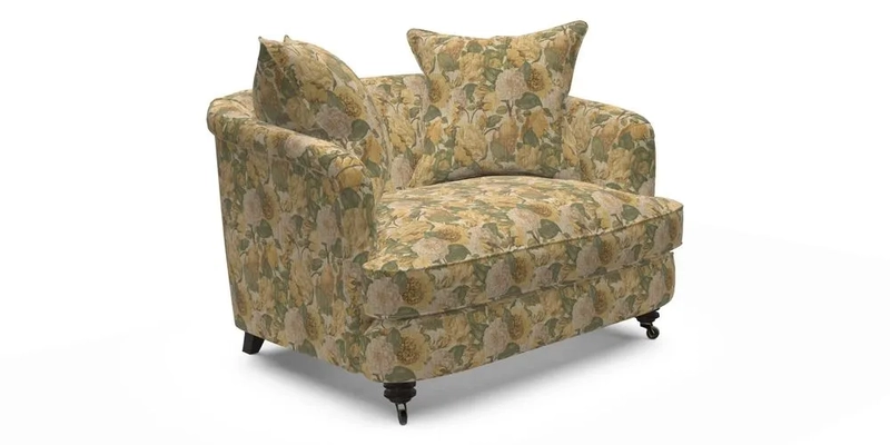 Helmsley Snuggler in V&A Threads of India Opulent Velvets Forest Creatures Hunter piping in Swiss Velvet Olive and scatter in Stockport Stripe Flame