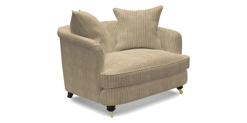 Helmsley Snuggler in V&A Threads of India Opulent Velvets Forest Creatures Hunter piping in Swiss Velvet Olive and scatter in Stockport Stripe Flame