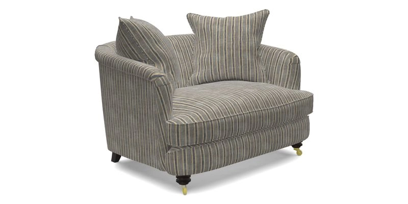 Helmsley Snuggler in V&A Threads of India Opulent Velvets Forest Creatures Hunter piping in Swiss Velvet Olive and scatter in Stockport Stripe Flame