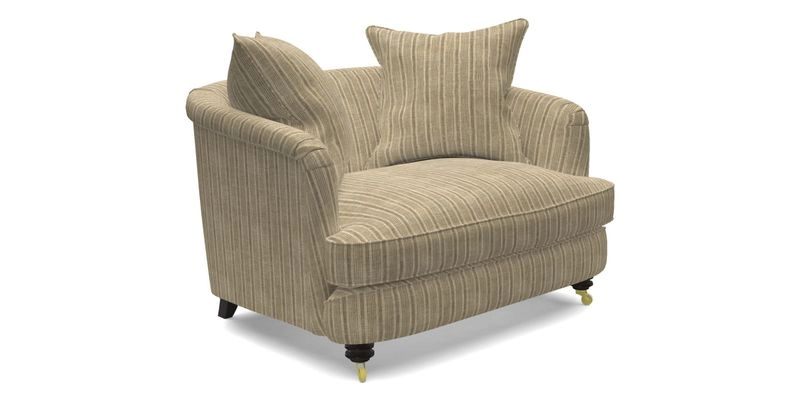 Helmsley Snuggler in V&A Threads of India Opulent Velvets Forest Creatures Hunter piping in Swiss Velvet Olive and scatter in Stockport Stripe Flame