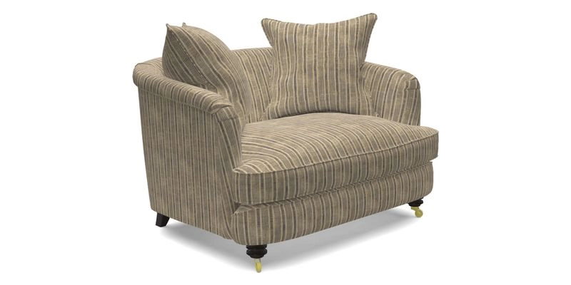 Helmsley Snuggler in V&A Threads of India Opulent Velvets Forest Creatures Hunter piping in Swiss Velvet Olive and scatter in Stockport Stripe Flame